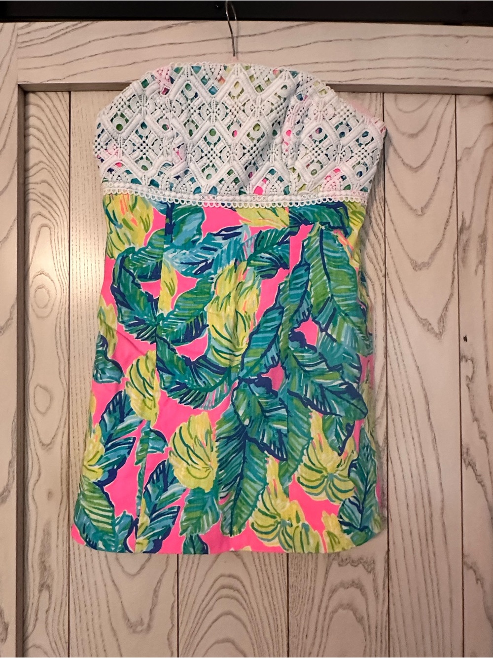 Lilly Pulitzer Crochet-Trim Strapless Tropical Print Dress - Pink, Green & Blue